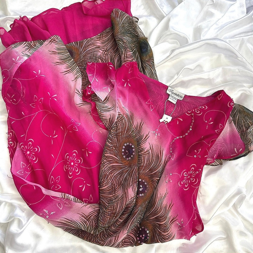 Signature Silk Hot Pink Peacock Feather Sequin V-Neck Sheer Chiffon Blouse NEW